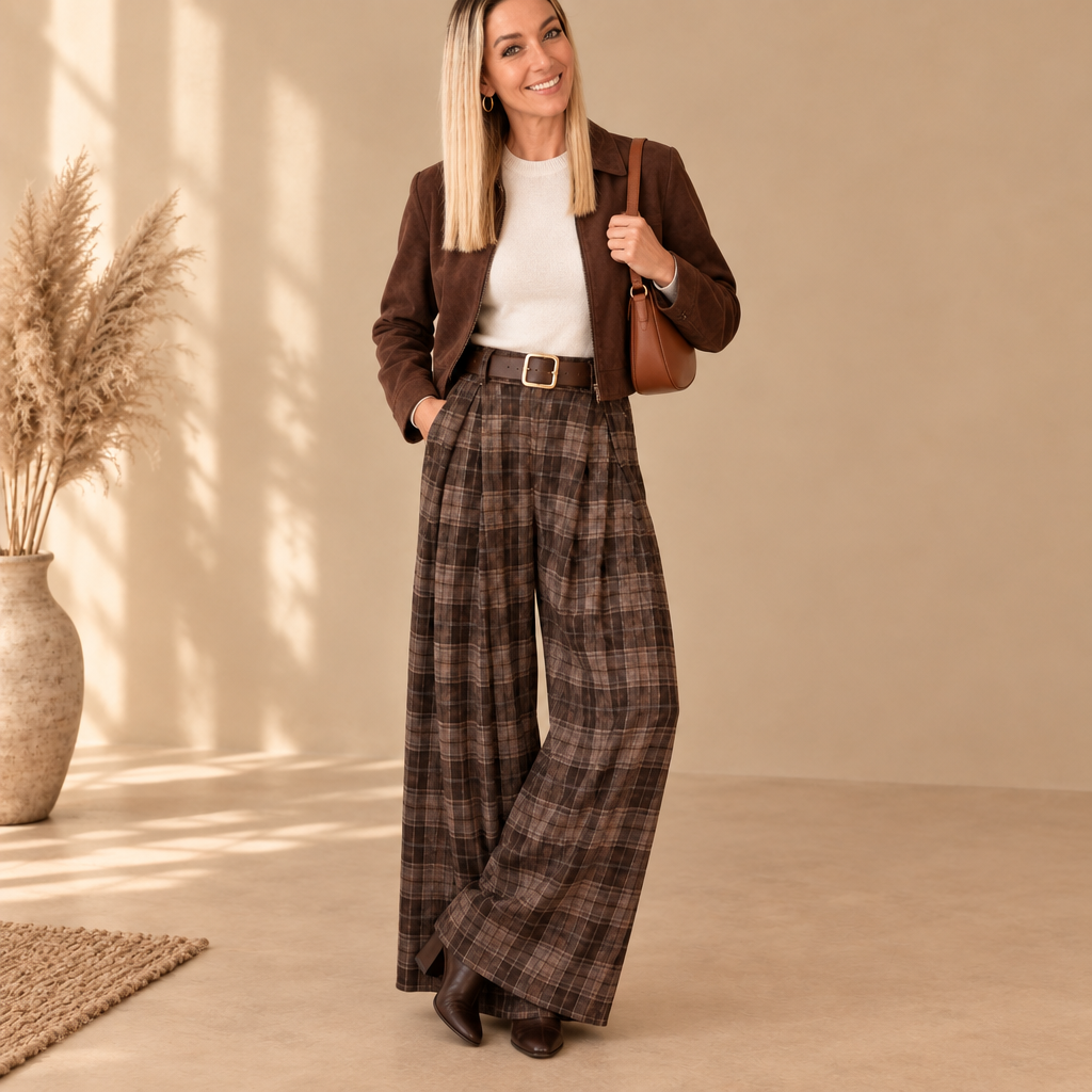 Model mit brauner karierter Wide-Leg-Hose, cremefarbenem Oberteil und kurzer brauner Jacke, kombiniert mit einer hellen Tasche.