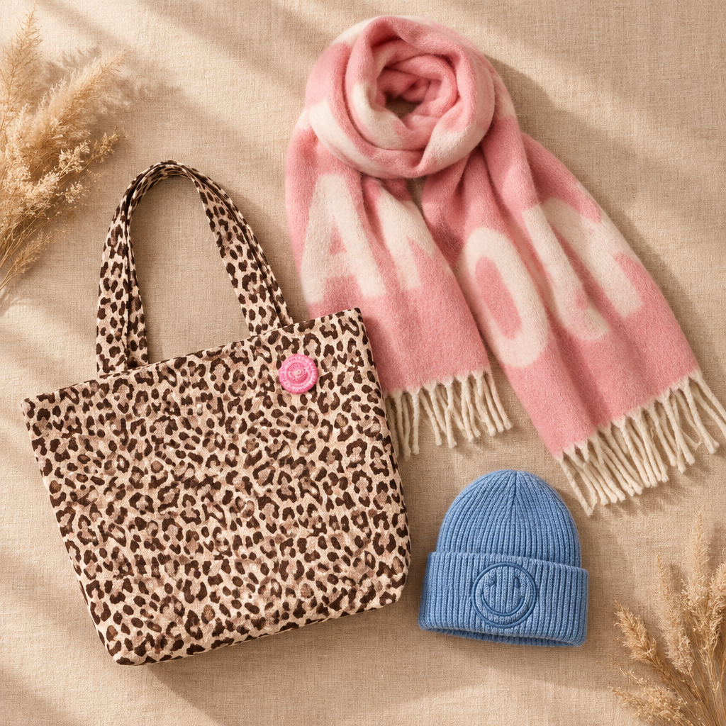 Accessoires Damen: Shopper mit Leoprint, rosa Schal mit Fransen und Smiley Mütze