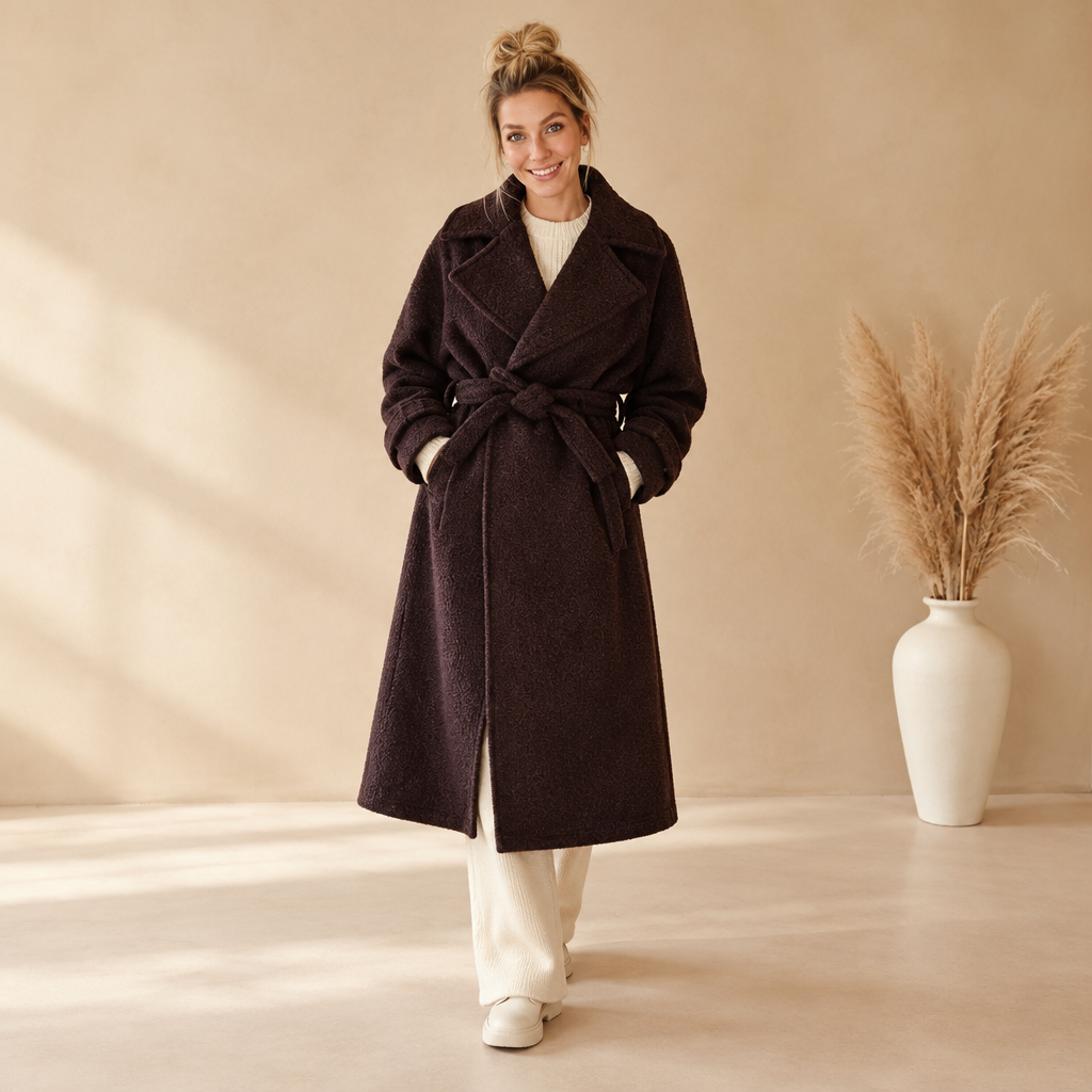 Oversize Mantel Damen Dunkelbraun mit Bindegürtel, Jacken und Mäntel für Damen