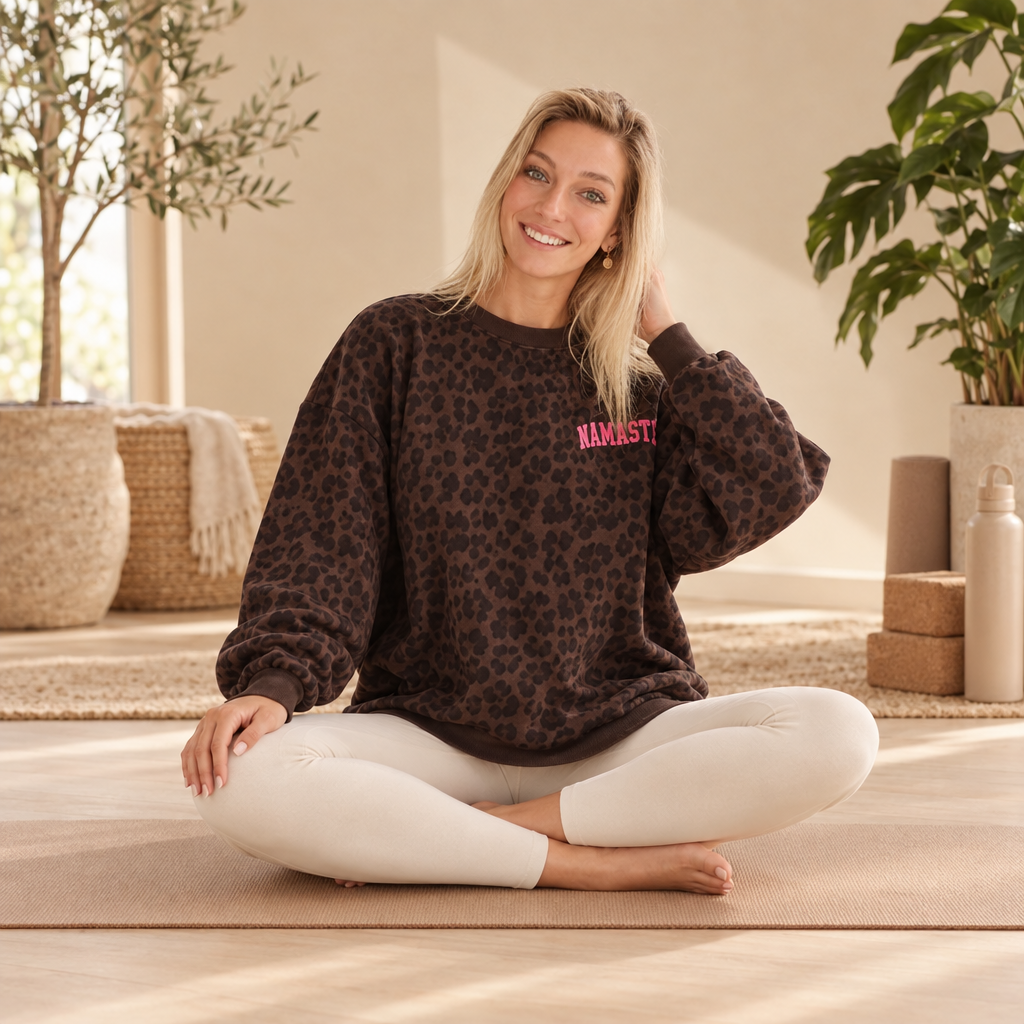 Namasté Oversize Sweater Damen Schokobraun mit Leoprint, Yoga Pullover Damen