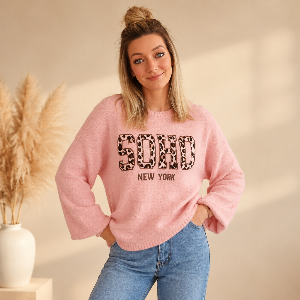 Neuheiten Damen: SOHO New York Pullover Rosa mit Leoprint