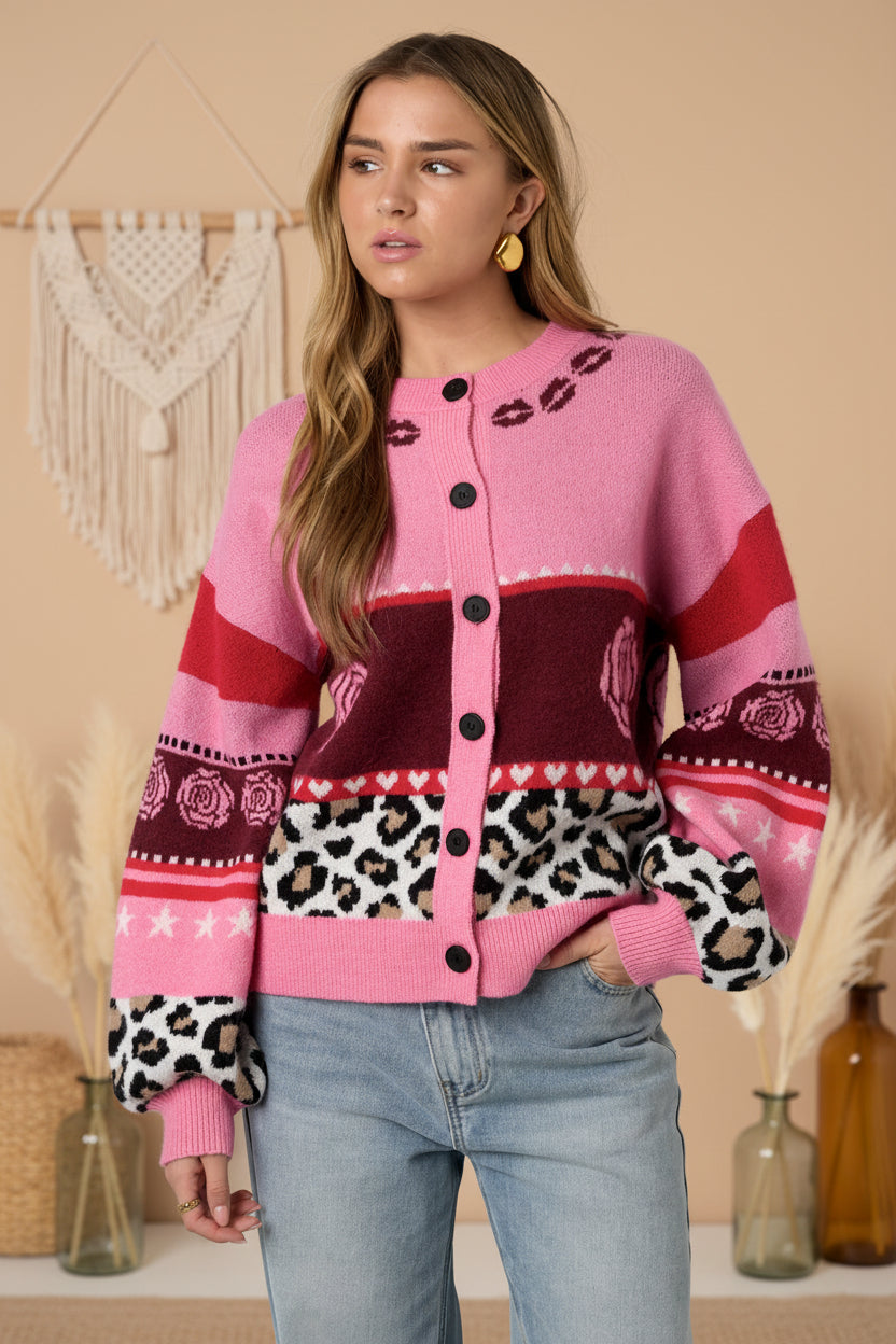 Knitted Polyester Fiber Women's Cardigan Casual Floral Print