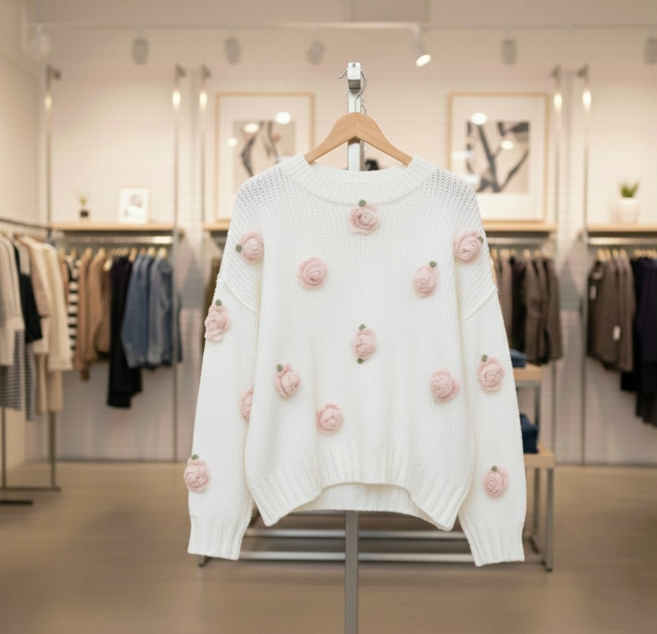 Knitwear, women's, roses, 3D, romantic, warm, autumn, winter, pink, white