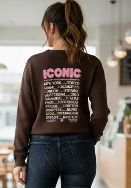 Schokobrauner Strickpullover mit City-Print