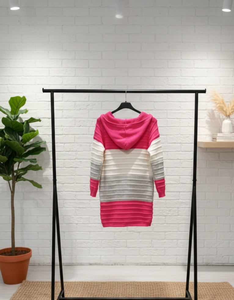 Gestreifter Lang-Cardigan mit Kapuze – Pink/Weiß/Grau