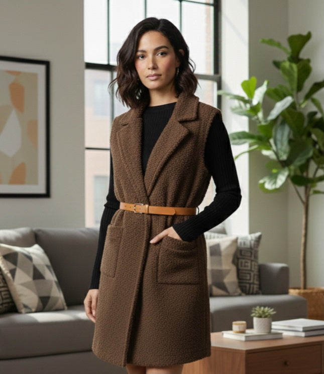 Elegante Long-Weste im Teddy-Bouclé-Stil – Mit Gürtel
