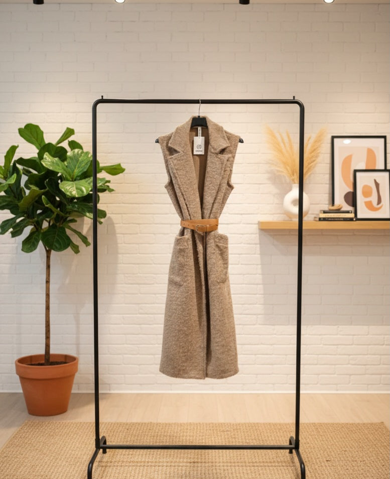 Elegante Long-Weste im Bouclé-Stil – Mit Gürtel