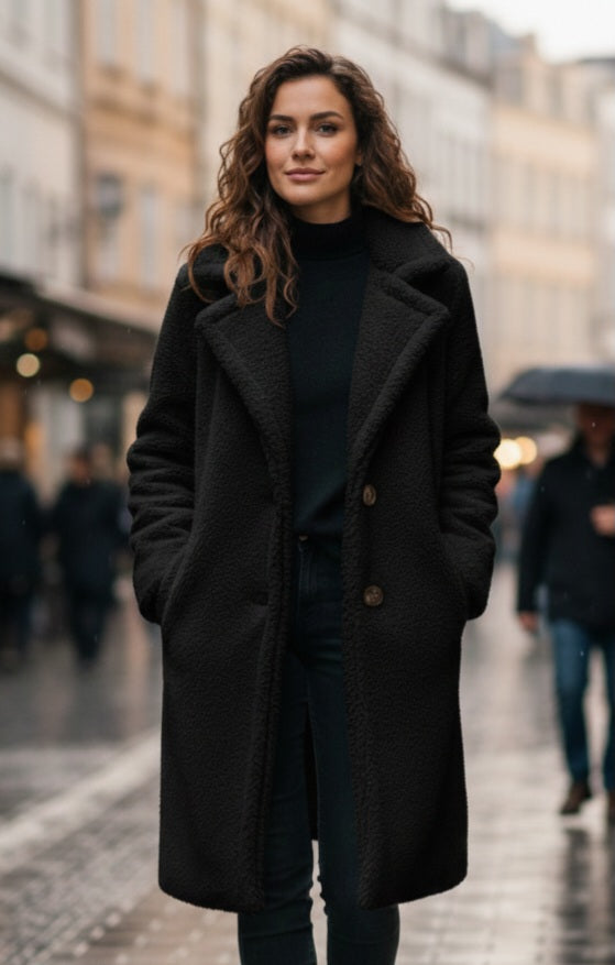 Kuscheliger Teddy-Mantel Schwarz – Eleganter Long-Mantel im Bouclé-Stil