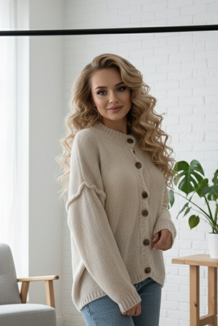 Oversize Strickcardigan Sand Beige – Kuscheliger Grobstrick Cardigan Damen
