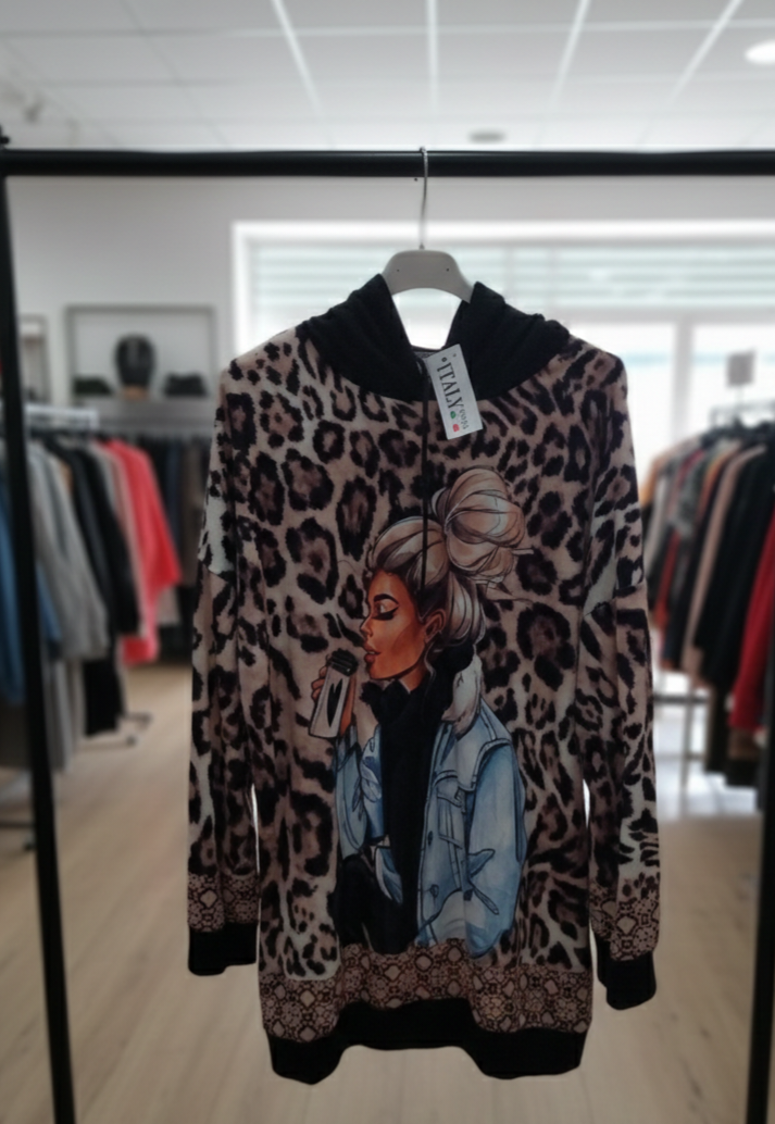 Damen Oversize Hoodie Leo-Print Statement – Long-Hoodie mit Motiv