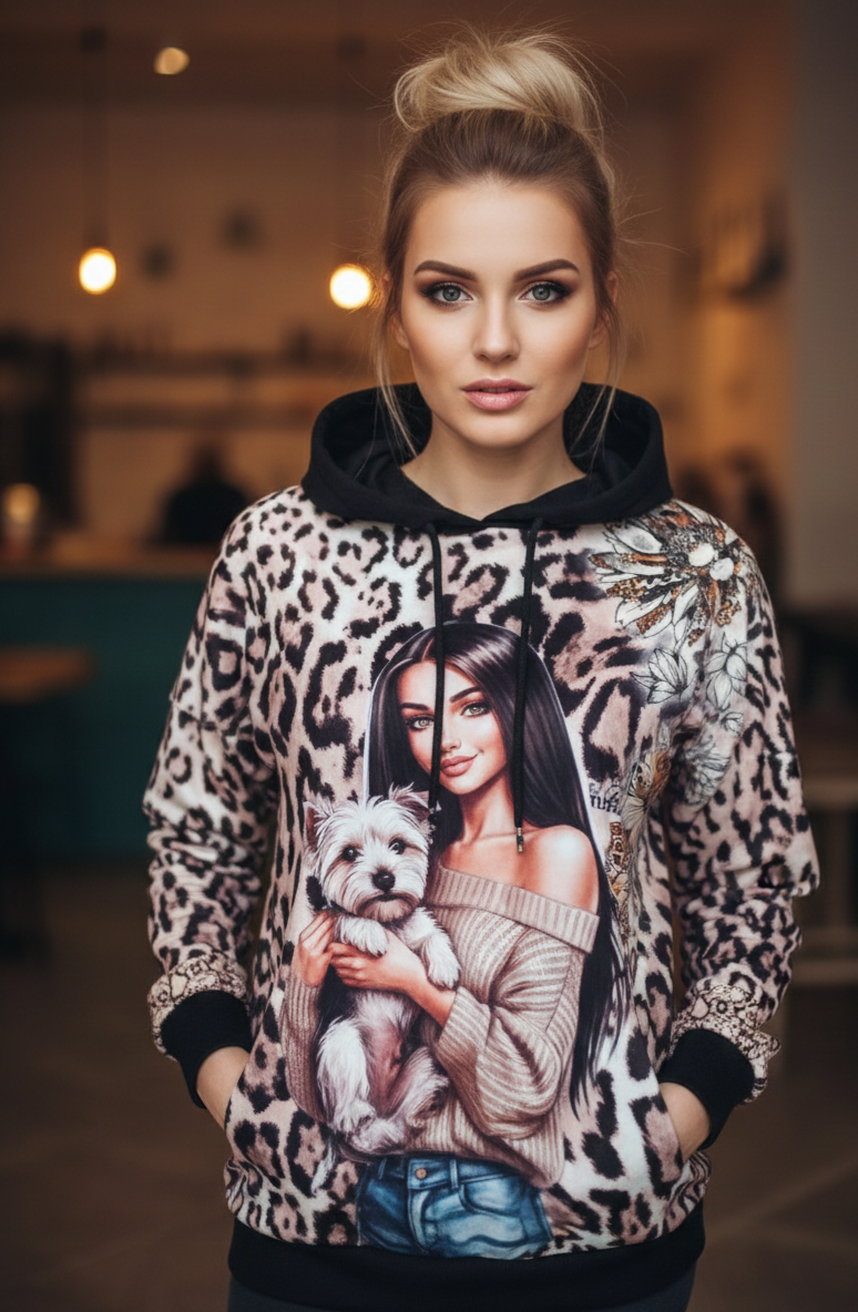 Damen Design-Hoodie Leo-Print Statement – Kapuzenpullover mit Grafik