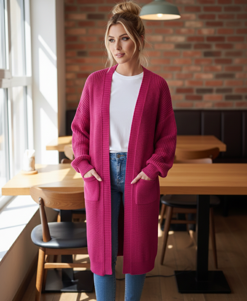 Damen Strickmantel Beerenrot – Langer Cardigan mit Taschen
