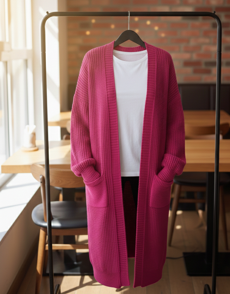 Damen Strickmantel Beerenrot – Langer Cardigan mit Taschen