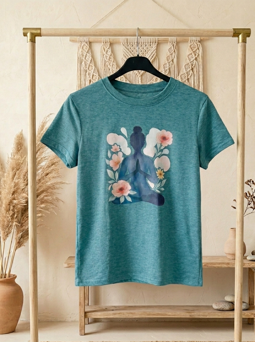 Damen T-Shirt "Inner Calm" Teal – Yoga Shirt mit floralem Print