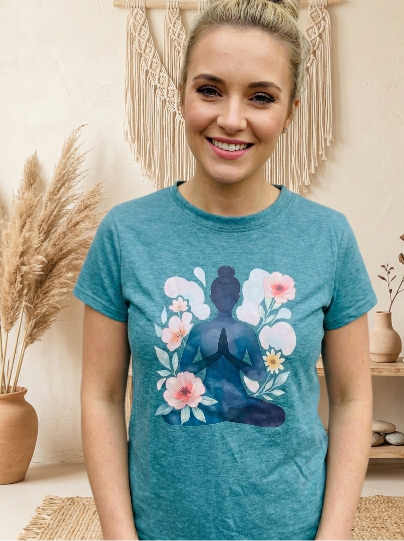 Damen T-Shirt "Inner Calm" Teal – Yoga Shirt mit floralem Print
