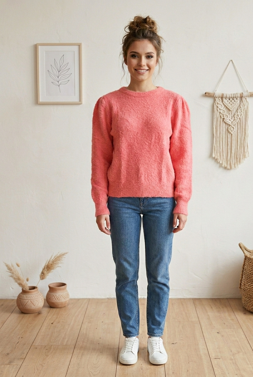 Damen Strickpullover Koralle Größe S – Puffärmel Rundhals Pullover Frühling