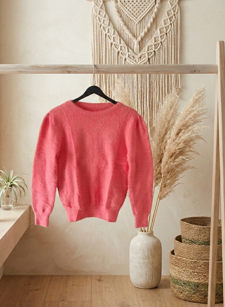 Damen Strickpullover Koralle Größe S – Puffärmel Rundhals Pullover Frühling