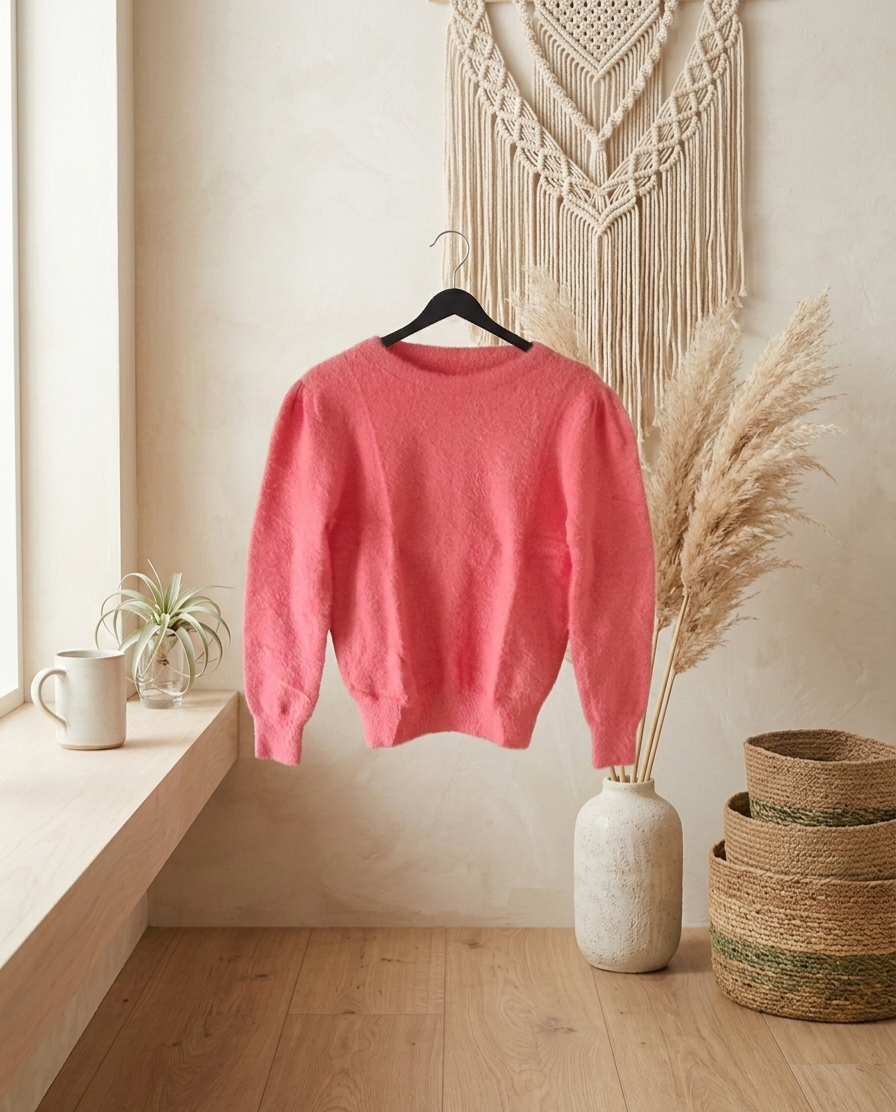 Damen Strickpullover Koralle Größe S – Puffärmel Rundhals Pullover Frühling