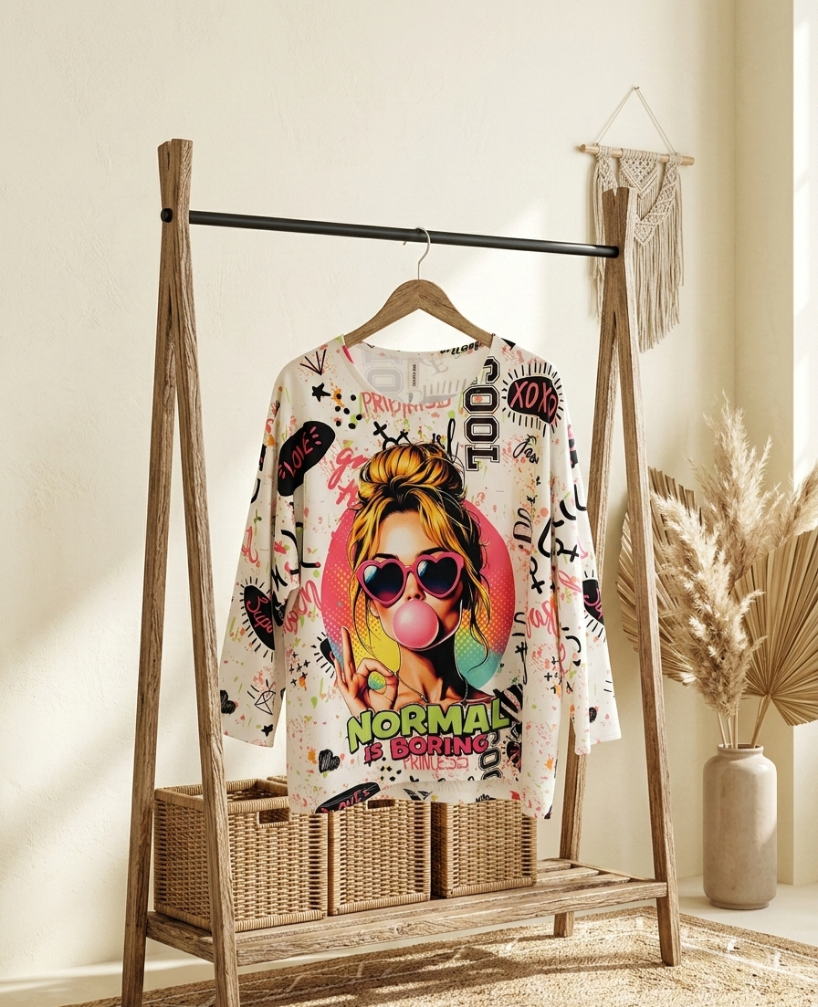 Oversize Damen T-Shirt Bubblegum Icon Print Weiß – Streetwear Grafik Shirt 60cm