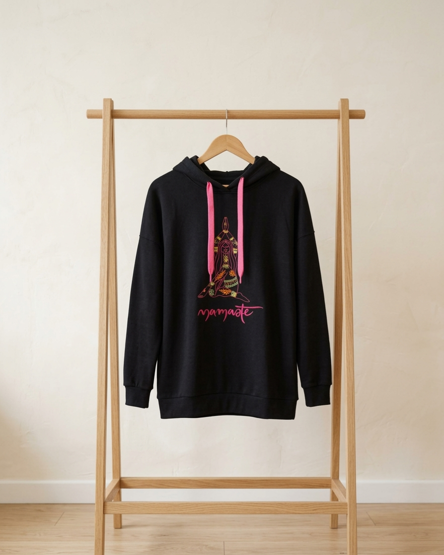 Namaste Hoodie Damen – Yoga Pullover mit Kapuze & Meditation Print | Flieder & Schwarz