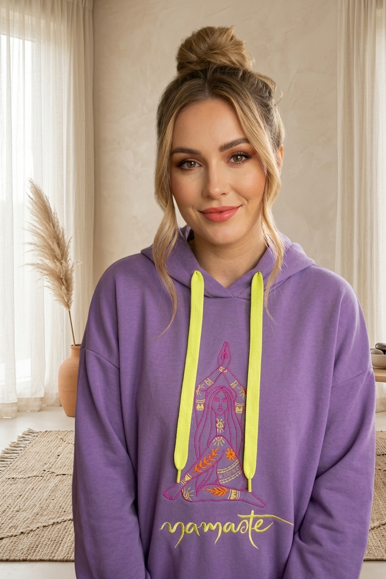 Namaste Hoodie Damen – Yoga Pullover mit Kapuze & Meditation Print | Flieder & Schwarz
