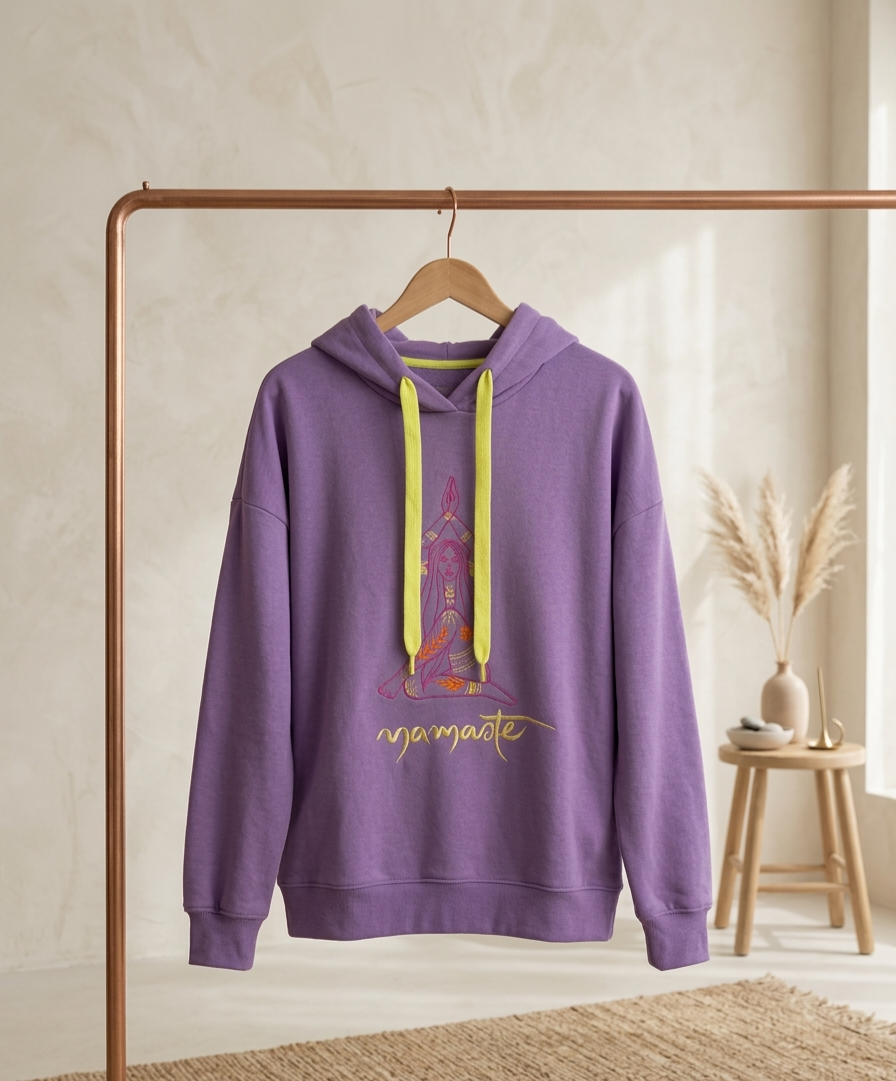 Namaste Hoodie Damen – Yoga Pullover mit Kapuze & Meditation Print | Flieder & Schwarz