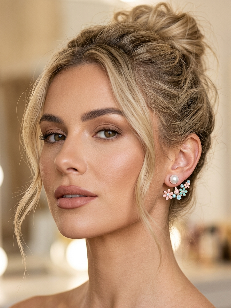 Ear Jackets Perle Pastell – Blüten Ohrringe Edelstahl mit Muschelkernperle | 2in1