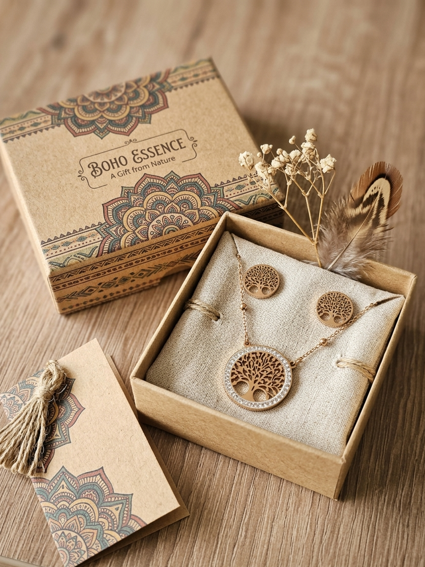 Lebensbaum Schmuckset Roségold – Tree of Life Kette & Ohrringe Edelstahl mit Zirkonia
