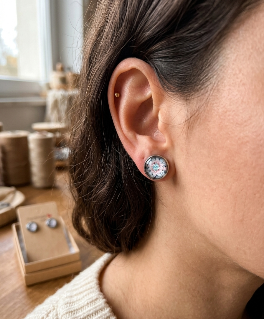 Mandala Ohrstecker Boho-Stil – Cabochon Pastellrosa & Blau