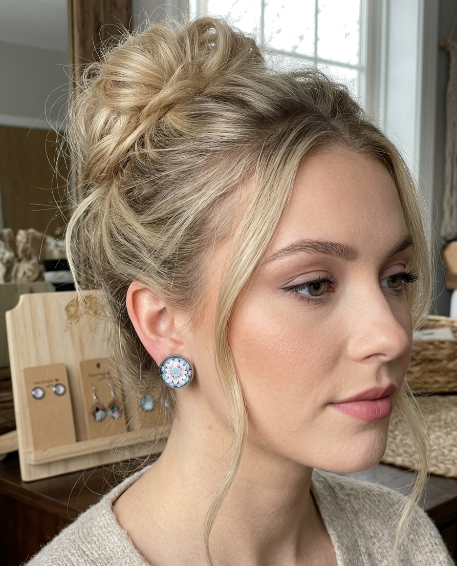 Mandala Ohrstecker Boho-Stil – Cabochon Pastellrosa & Blau