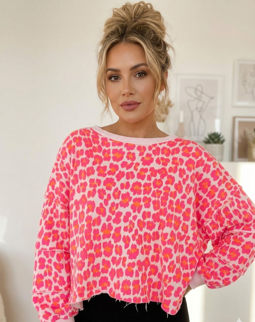 Pink Leopard Oversized Sweater – Statement-Pullover Damen 100% Baumwolle