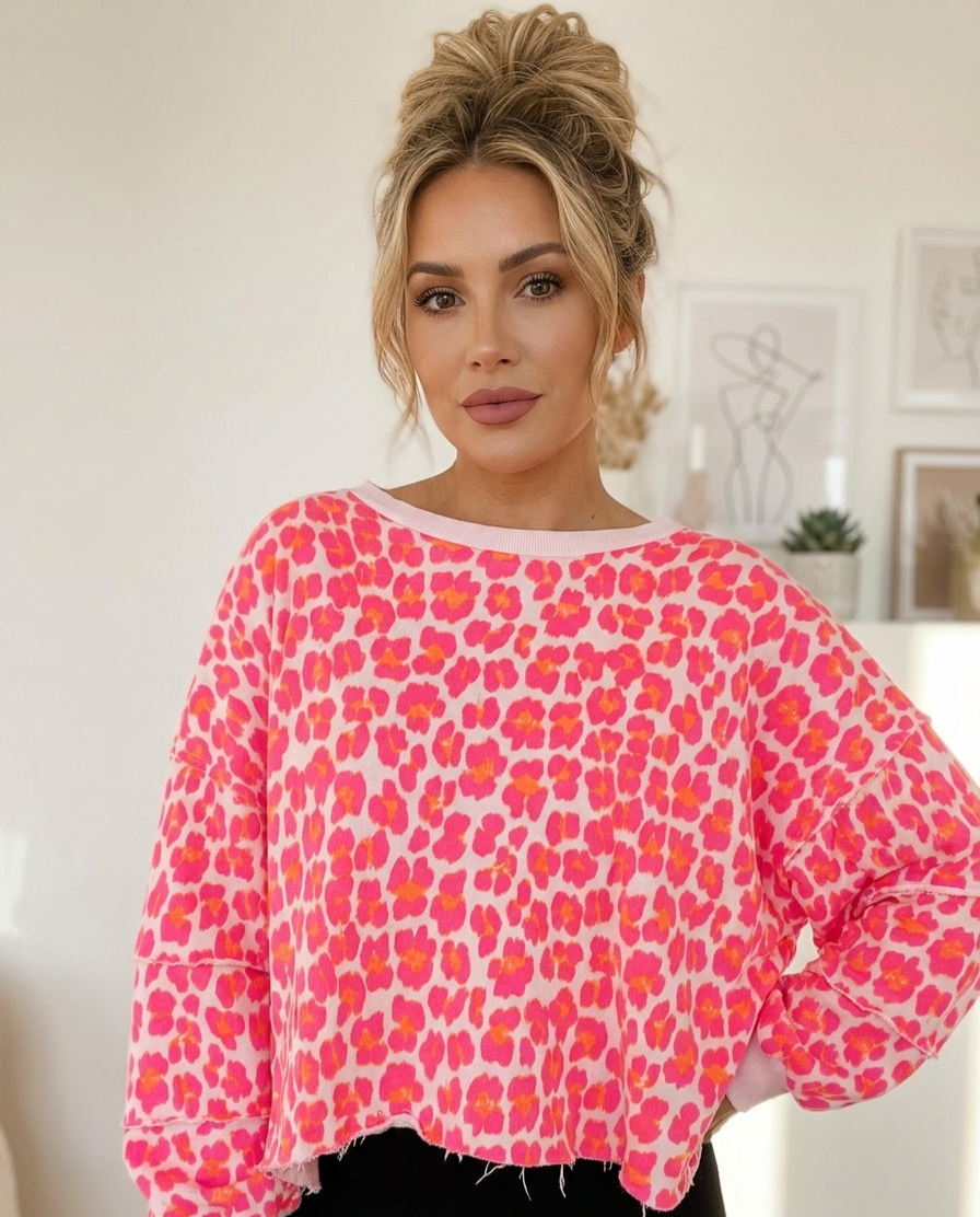 Pink Leopard Oversized Sweater – Statement-Pullover Damen 100% Baumwolle