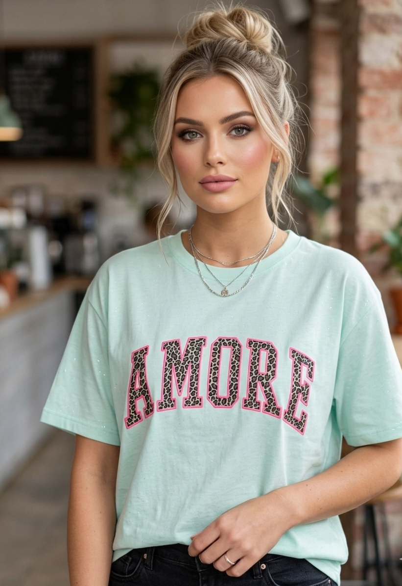 AMORE Graphic Tee in Mintgrün – Oversized Damen Shirt aus 100% Baumwolle mit Leo-Schriftzug & Pink-Akzent.