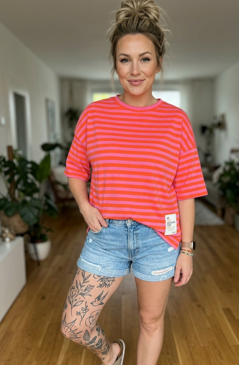 Neon Stripes Oversize Tee – Damen Shirt in Neon-Pink & Pop-Orange