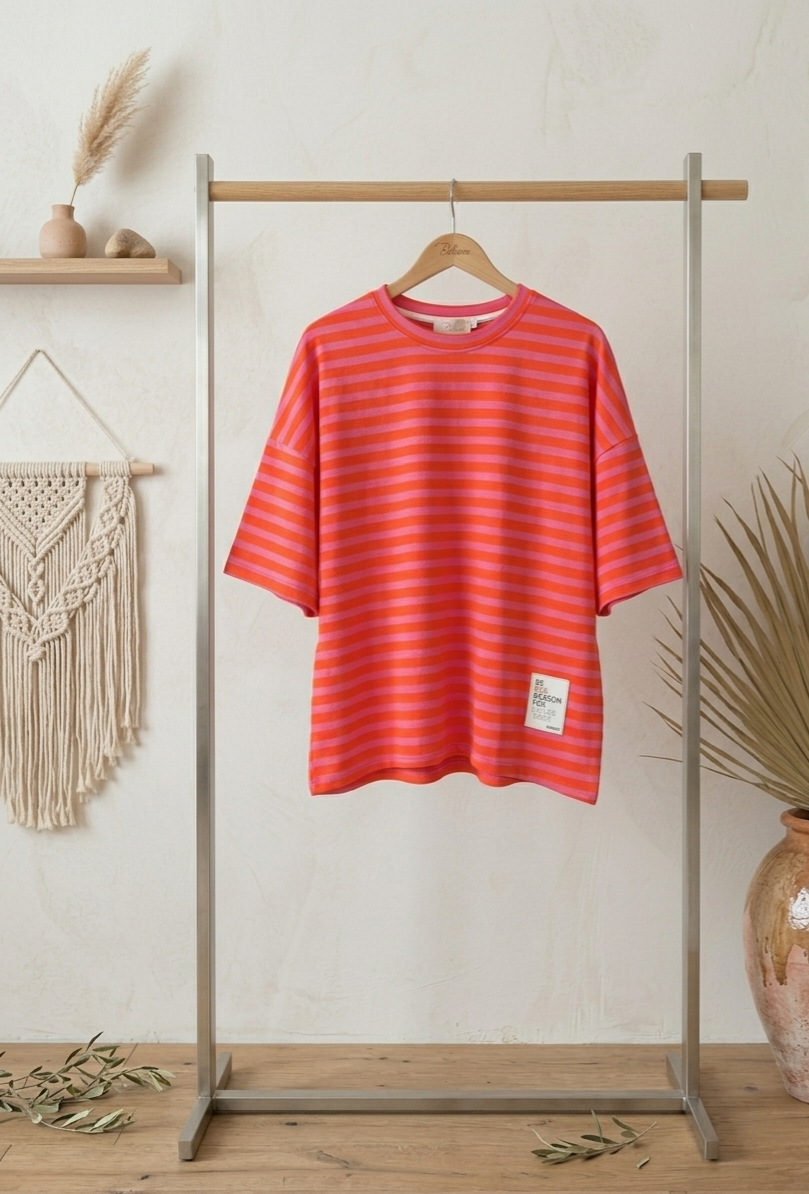 Neon Stripes Oversize Tee – Damen Shirt in Neon-Pink & Pop-Orange