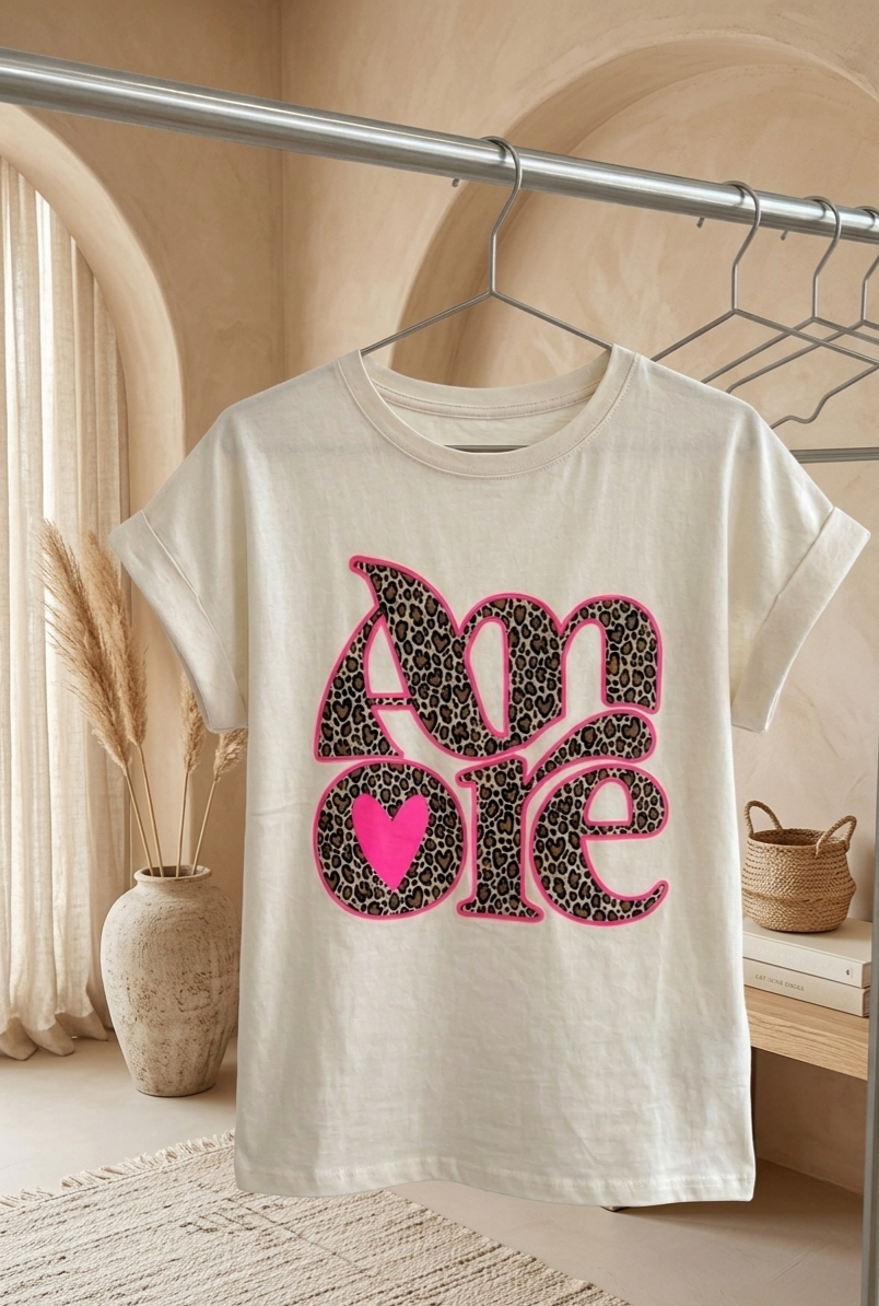 AMORE Leo Cuffed Tee – Damen Shirt in Creme & Gelb mit Neon-Herz