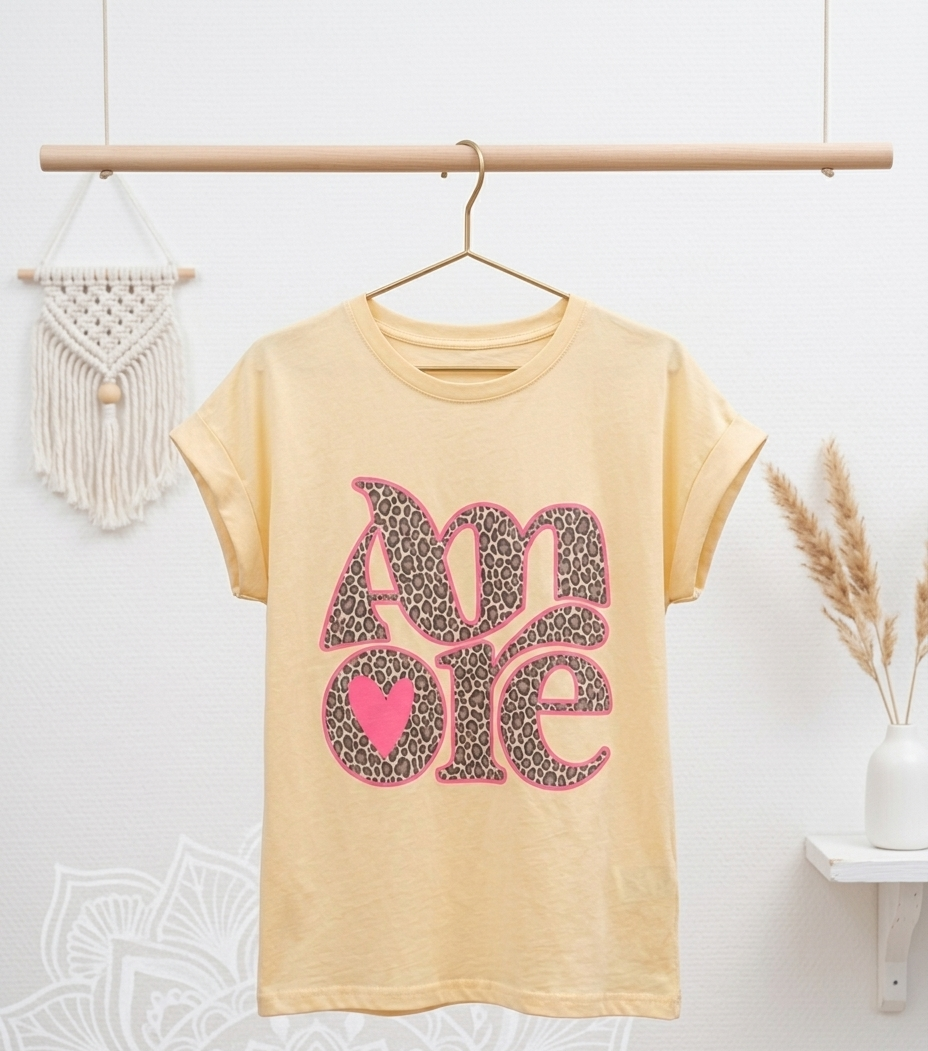 AMORE Leo Cuffed Tee – Damen Shirt in Creme & Gelb mit Neon-Herz