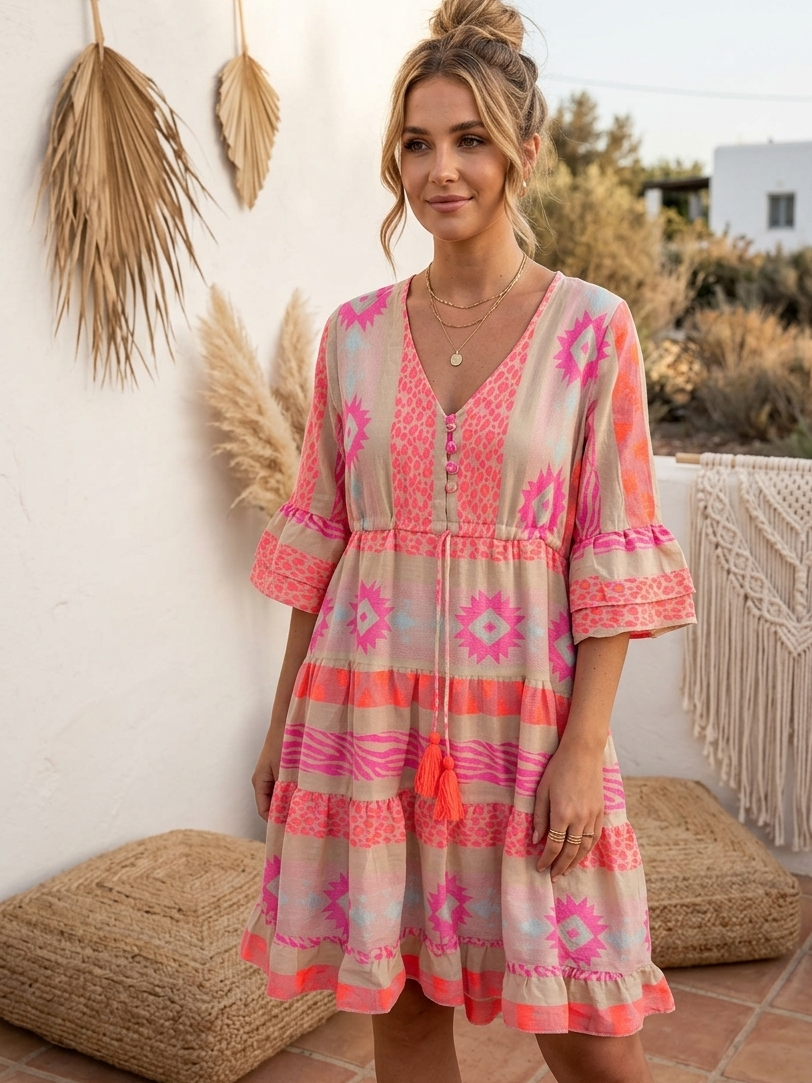 Boho Minikleid | Ethno Print | Pink Orange Beige