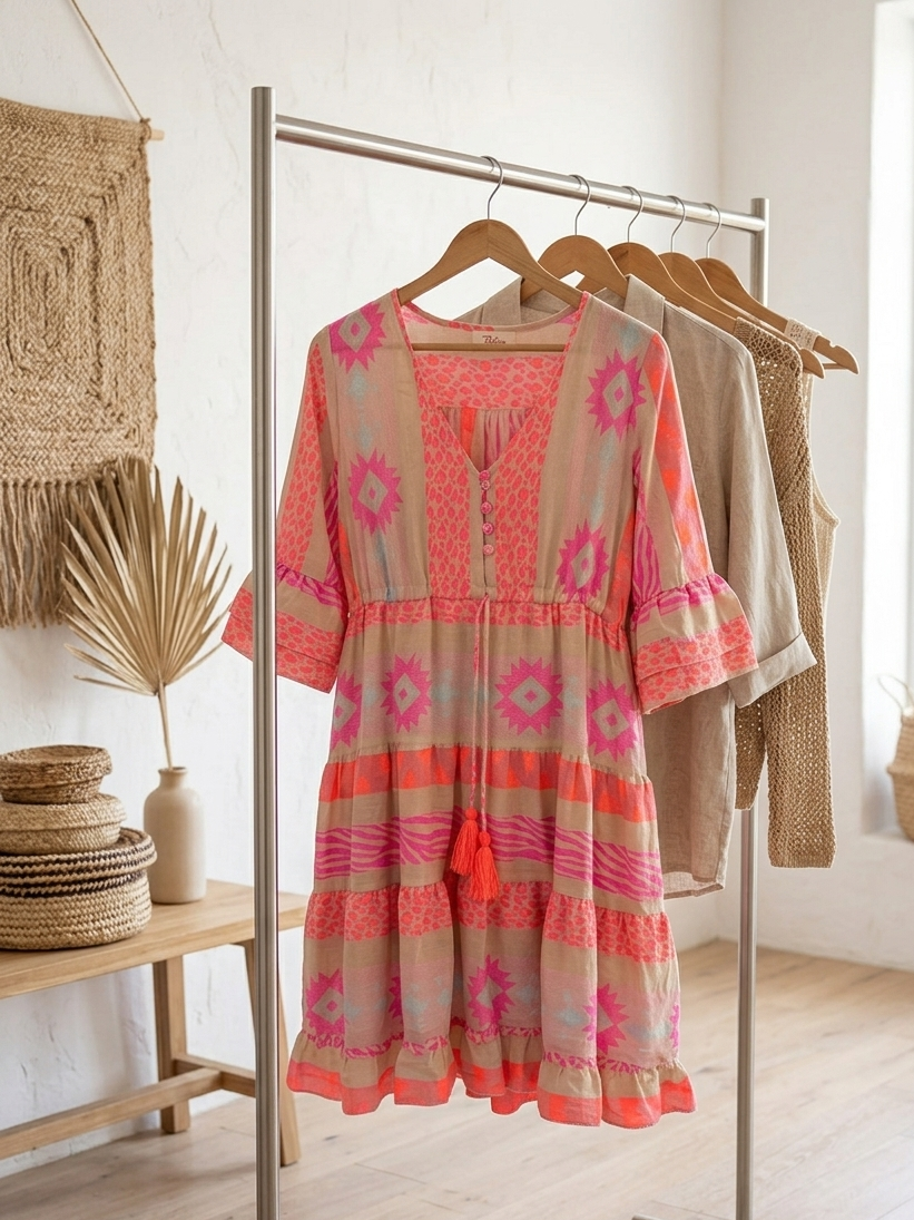 Boho Minikleid | Ethno Print | Pink Orange Beige