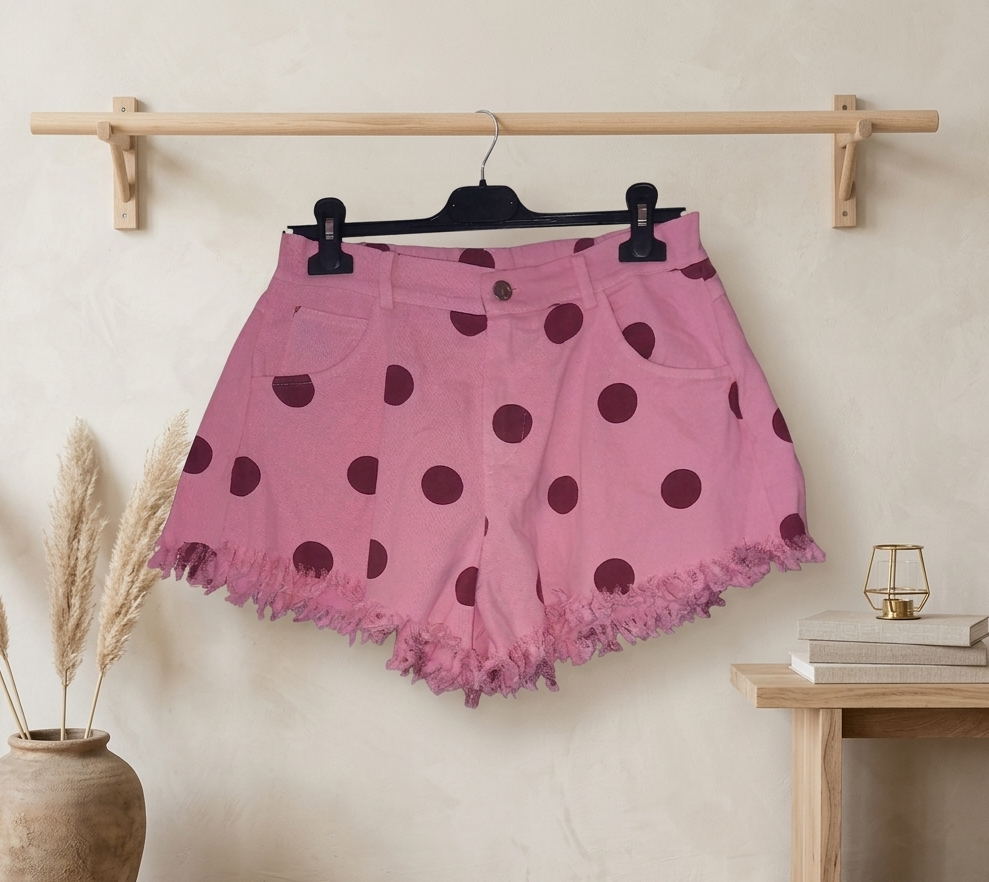 Polka Dot High-Waist Shorts | Pink | Fransen-Saum