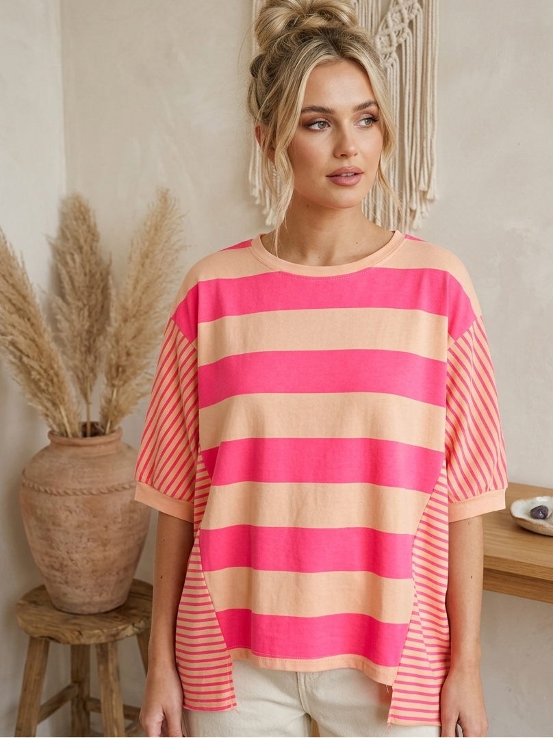 Oversized Streifenshirt | Peach & Pink | Blockstreifen