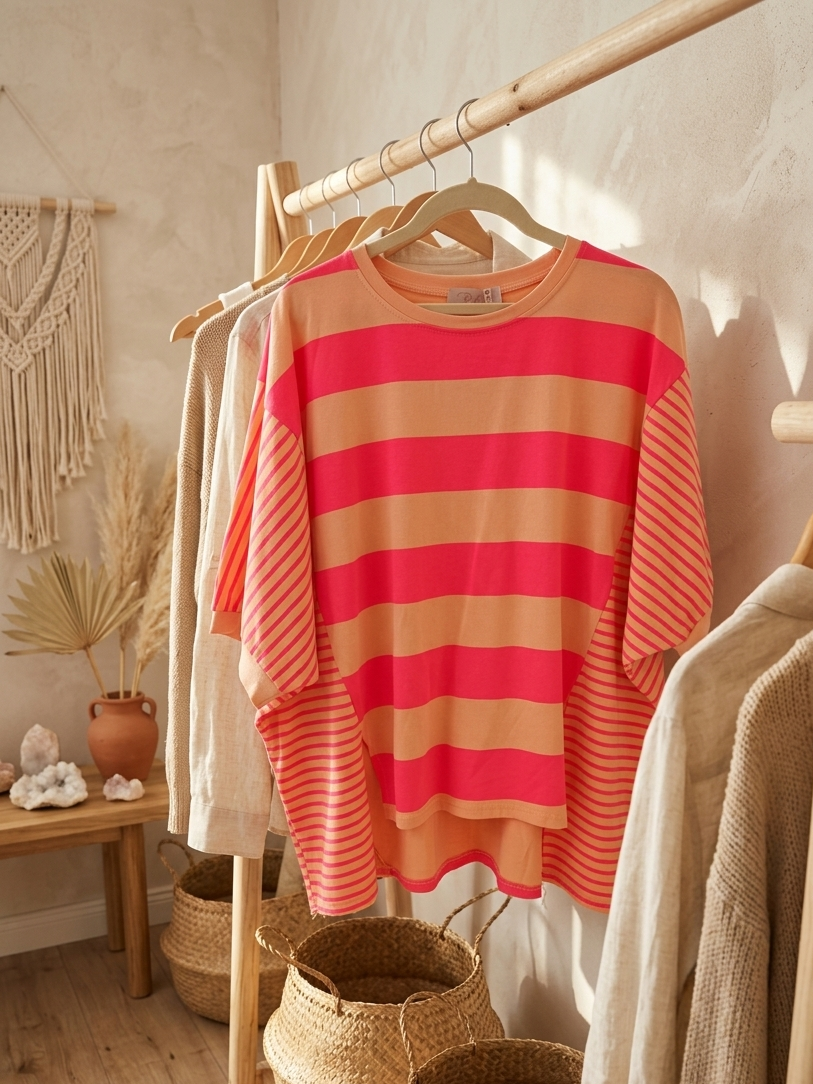 Oversized Streifenshirt | Peach & Pink | Blockstreifen