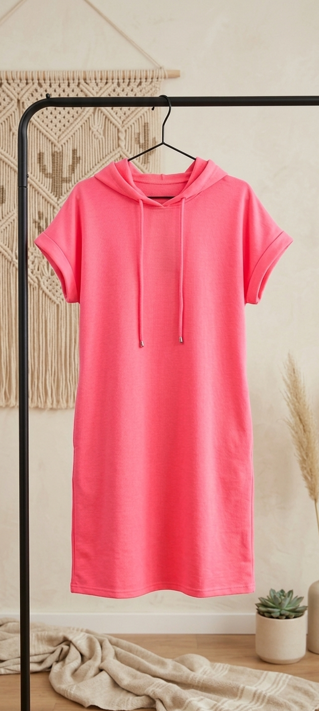 Damen Kapuzenpullover-Kleid – Langarm Hoodie-Kleid mit Tasche in Neonpink