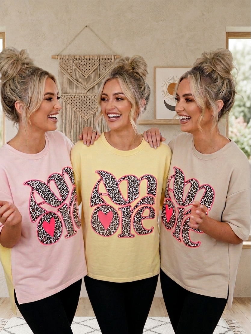 Damen Oversize T-Shirt Amore – Statement-Shirt mit Leo-Print
