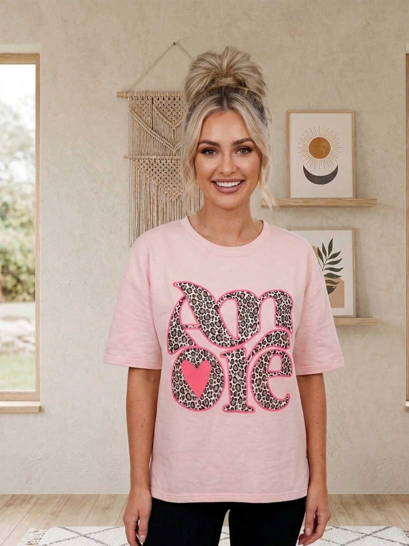 Damen Oversize T-Shirt Amore – Statement-Shirt mit Leo-Print