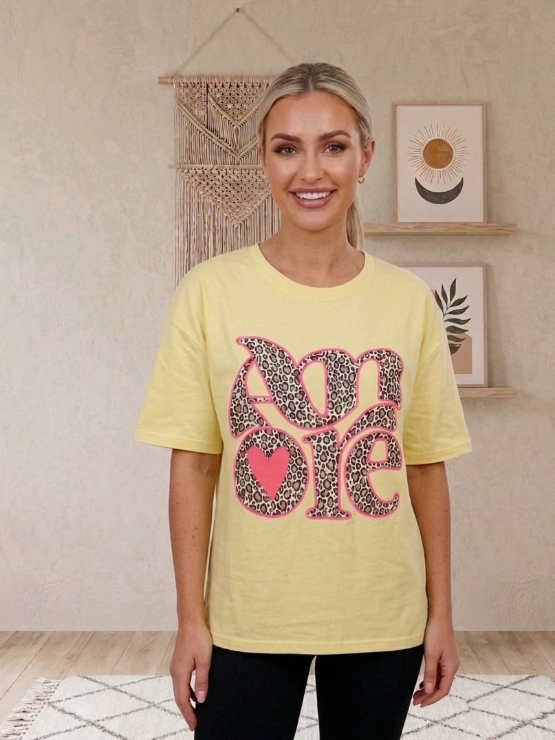Damen Oversize T-Shirt Amore – Statement-Shirt mit Leo-Print