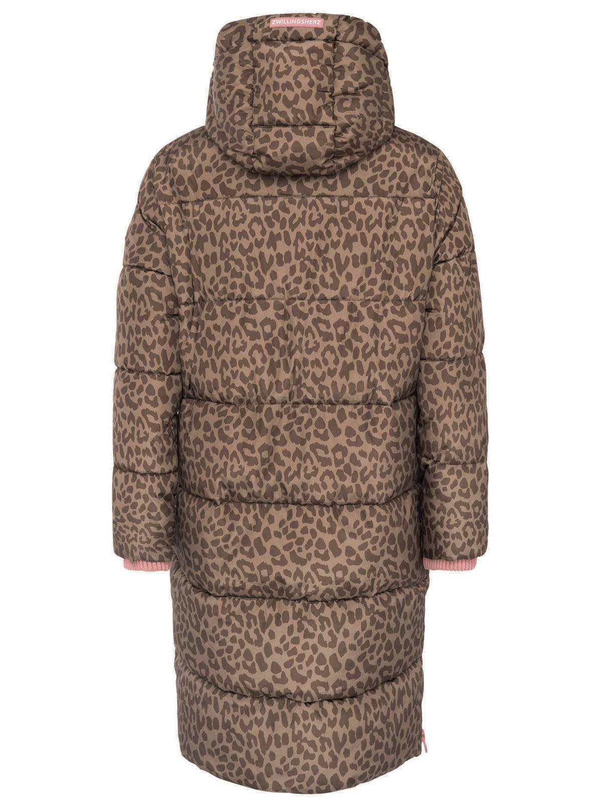 Leo-Steppmantel in Khaki, reine Rückansicht mit Kapuze auf weißem Hintergrund