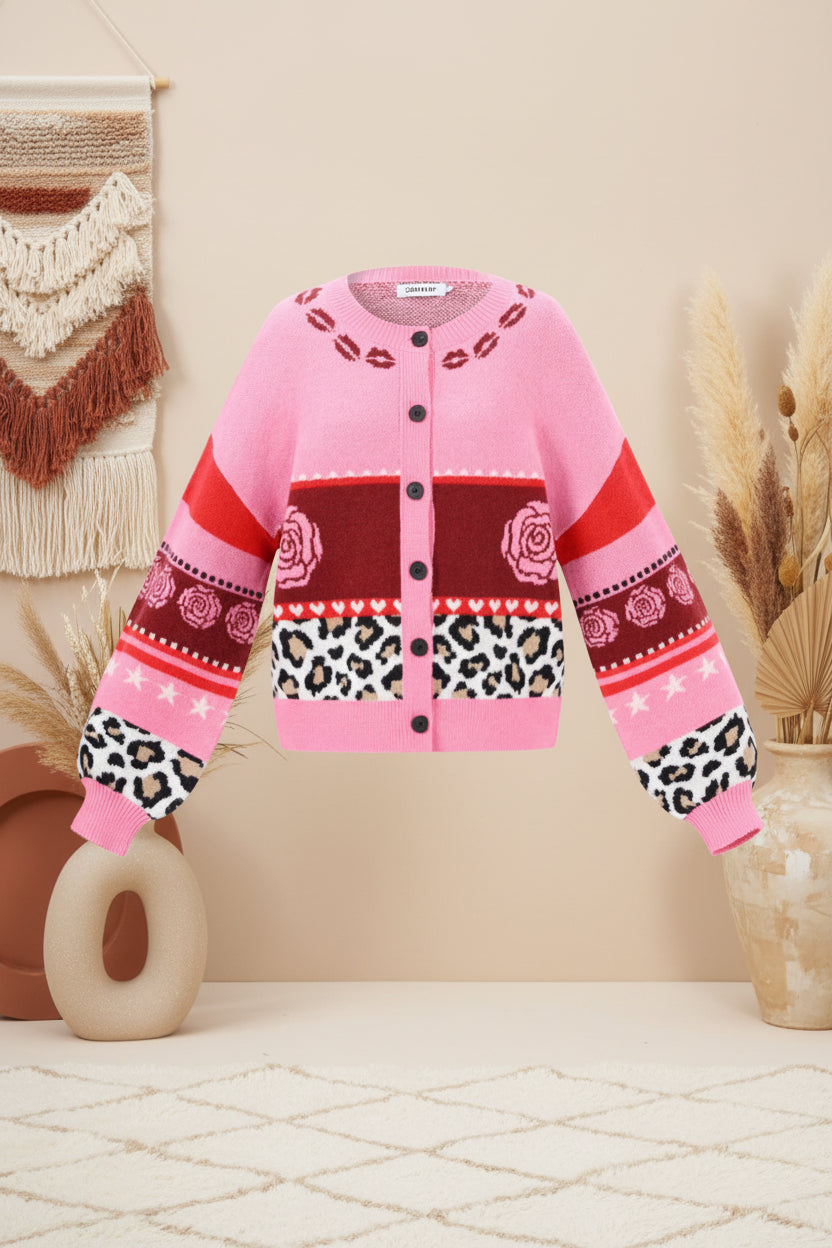 Knitted Polyester Fiber Women's Cardigan Casual Floral Print