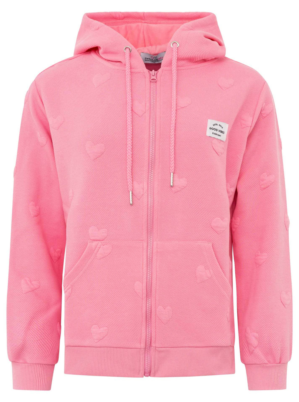 Hoodiejacke Zwillingsherz Love, rosa Damen-Hoodiejacke, Produktfreisteller Frontansicht