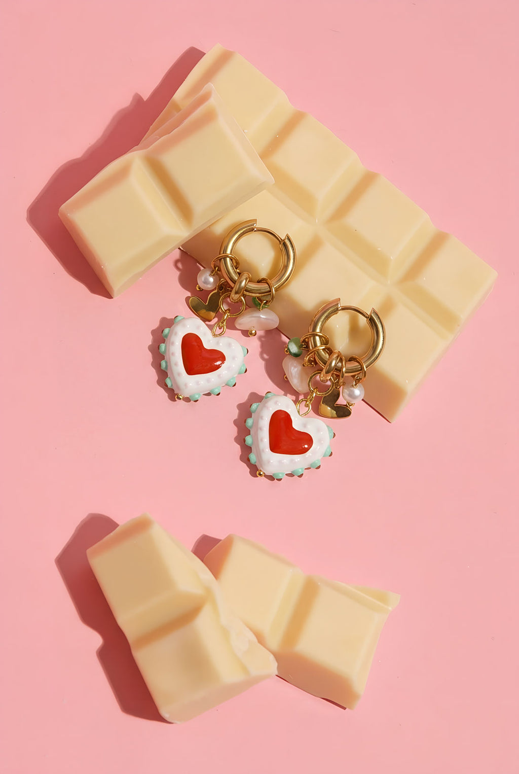 Earrings with hearts, beads and pearl charms